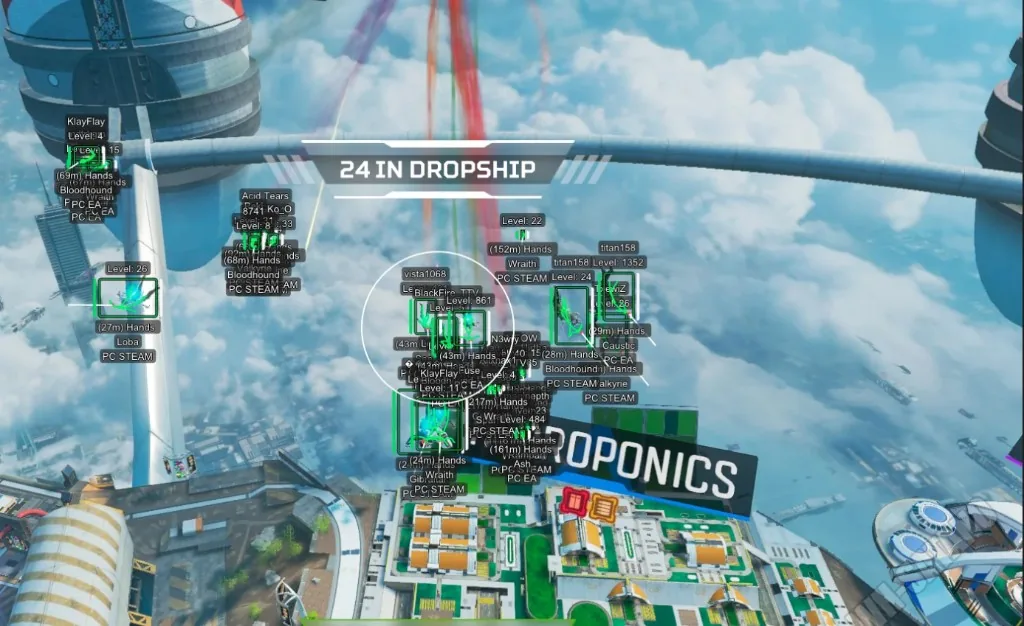 Apex Legends ESP player boxes during dropship on Olympus