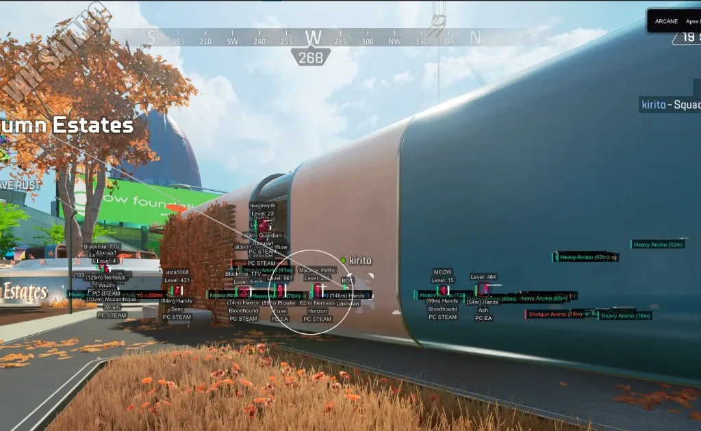 Apex Legends wallhack ESP at Autumn Estates with player and loot labels
